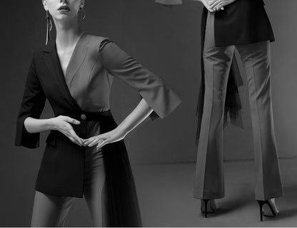 Red suit women's 2023 Spring  fake two-piece high-waisted flared jumpsuit- Cuca