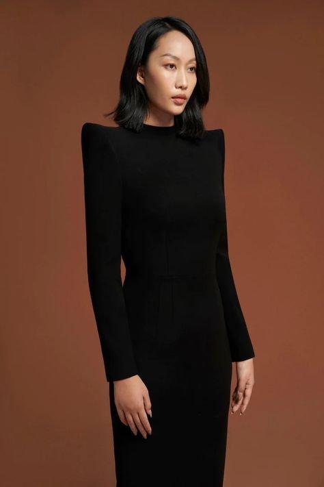 Long sleeve structured shouler pencil black dress- Herve