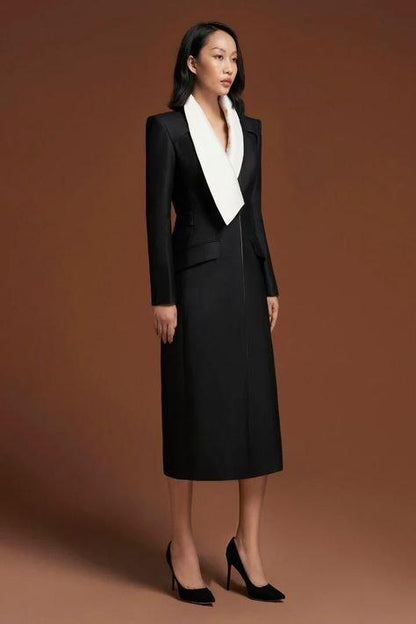 Luxury black and white lapel trench coat- Bibi