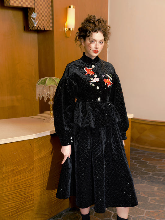 Black starry embroidery beaded velvet cotton skirt-  Noli