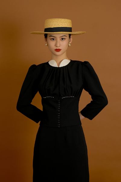 Retro Spring French Puff Sleeve Stand Collar Classic Black Elegant Hepburn suit set- Jay