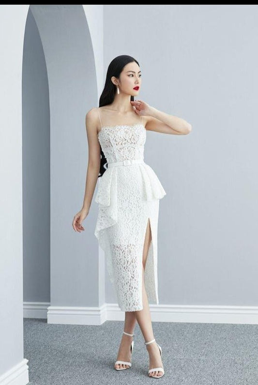 ELEGANT SPAGHETTI NORA LACE MIDI DRESS- Loria