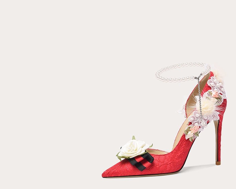 Wedding shoes red high heels side empty sandals- Lolita