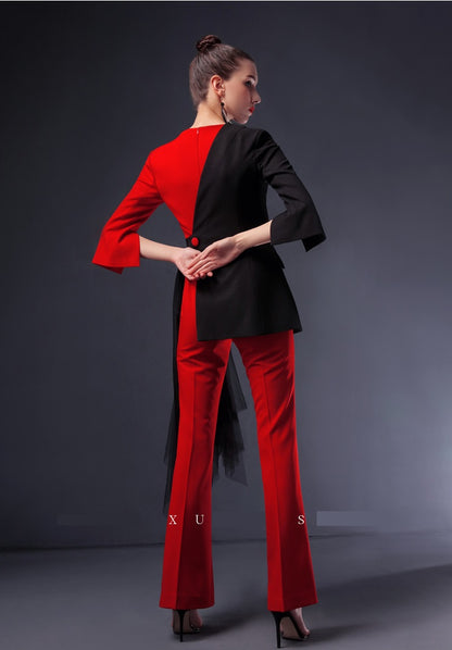 Red suit women's 2023 Spring  fake two-piece high-waisted flared jumpsuit- Cuca