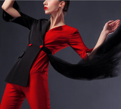 Red suit women's 2023 Spring  fake two-piece high-waisted flared jumpsuit- Cuca