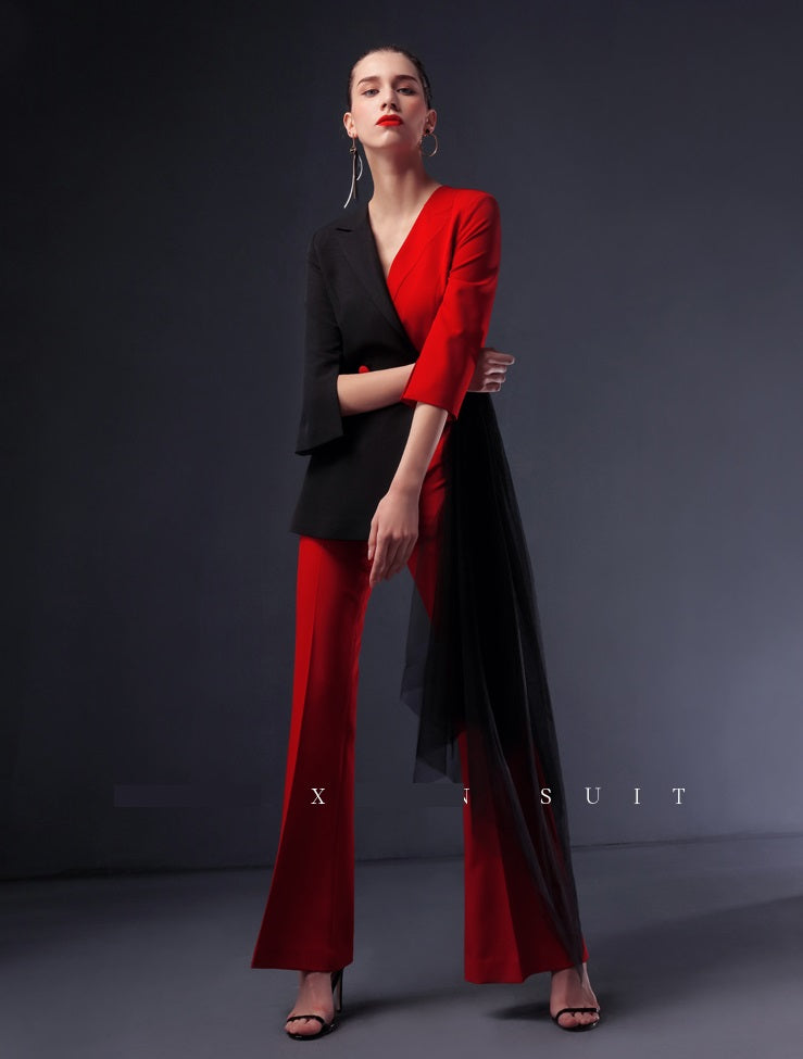 Red suit women's 2023 Spring  fake two-piece high-waisted flared jumpsuit- Cuca