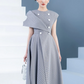 Midi cotton round neck, short sleeves, and folded flare flap dress- Teresa