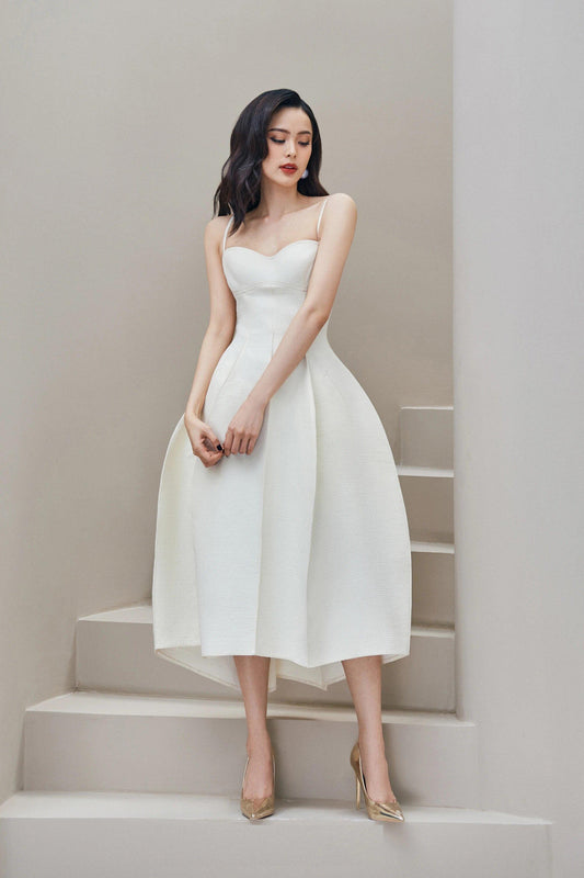 White structured cocoon cocktail lbd midi dress - Caro