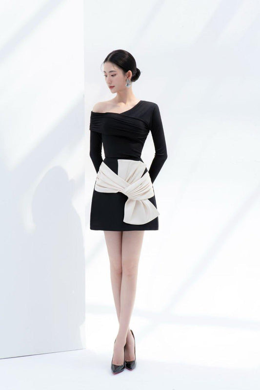 Asymmetric Shoulder Top & Bowtie Skirt Set-NESS