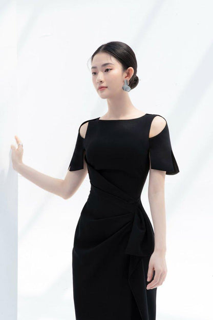 Black open shoulder midi dress-BLAIR