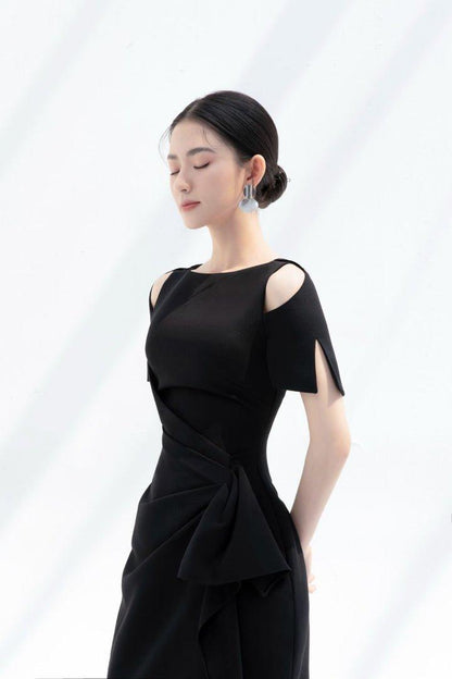 Black open shoulder midi dress-BLAIR
