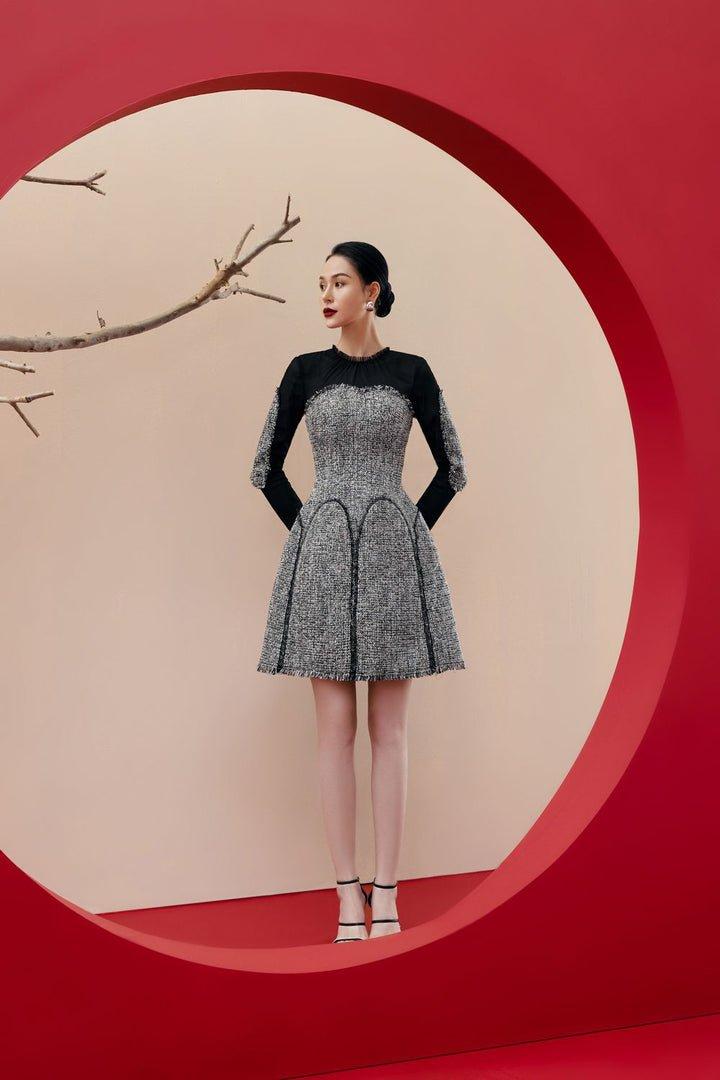 Gray and black tweed knee length dress-MARIA