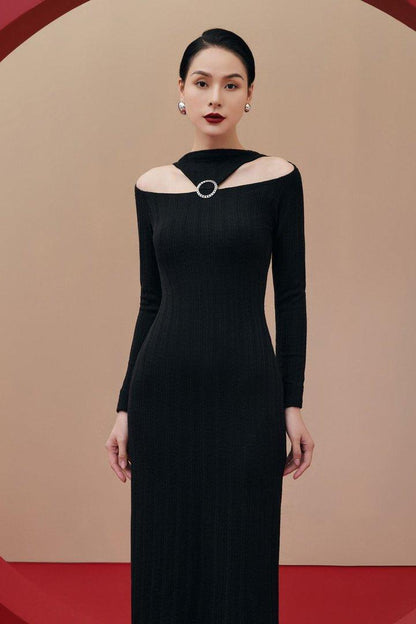 Black open shoulder midi dress-MIRI