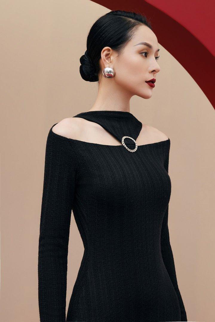Black open shoulder midi dress-MIRI