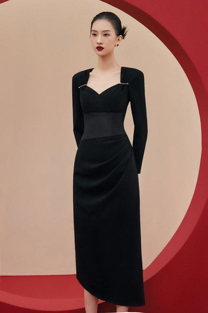 Black twill corset midi dress-RAYA
