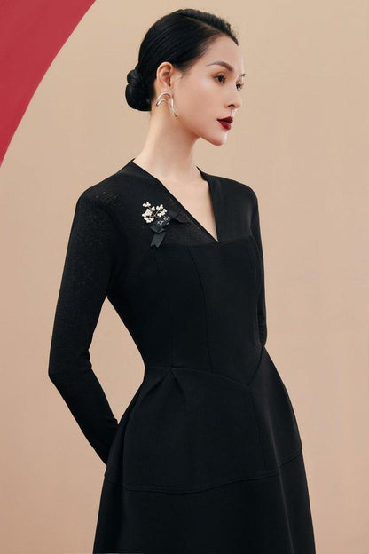 Black twill midi long sleeve dress-RUE
