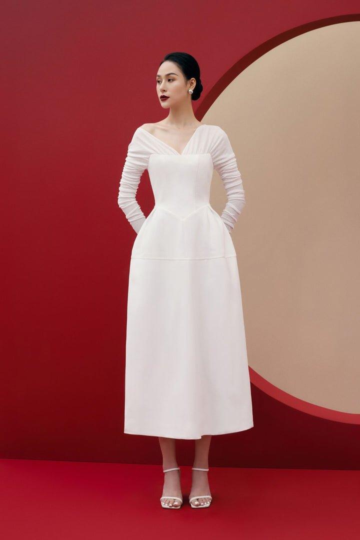 White twill midi long sleeve dress-ROSE