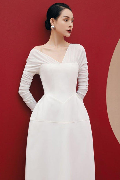 White twill midi long sleeve dress-ROSE