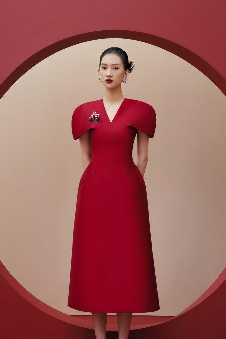 Red woven floral booch midi dress-RYA