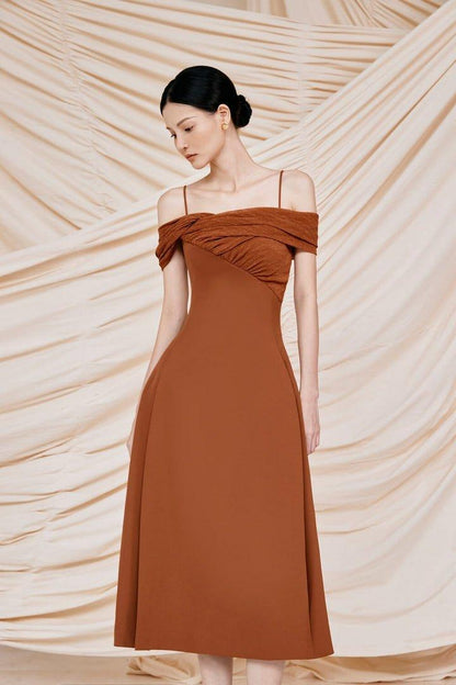 Elegant brown open shoulder dress-VIX