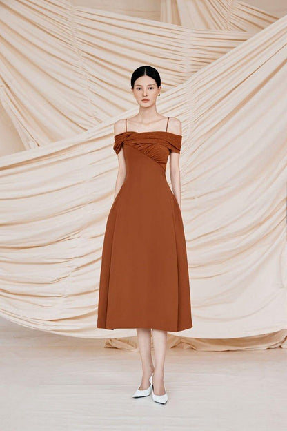 Elegant brown open shoulder dress-VIX