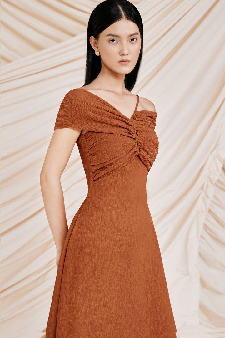 Brown asymmetric shoulder midi dress-ZIV