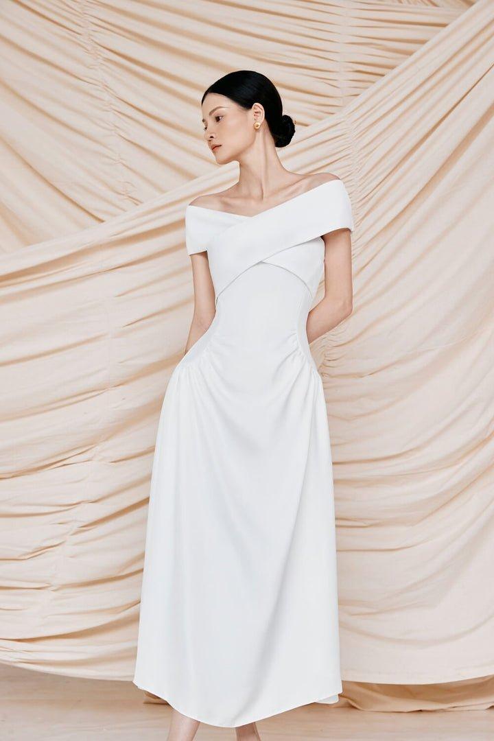 off shoulder white shirt dress SANS FAFF Ivy Mini Dress in White