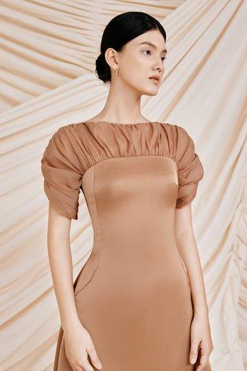 Brown puffy sleeves midi dress-CATO XL / Brown Brown puffy sleeves midi dress-CATO XL / Brown