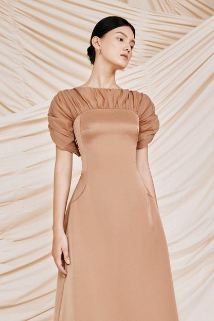 Brown puffy sleeves midi dress-CATO XL / Brown Brown puffy sleeves midi dress-CATO XL / Brown