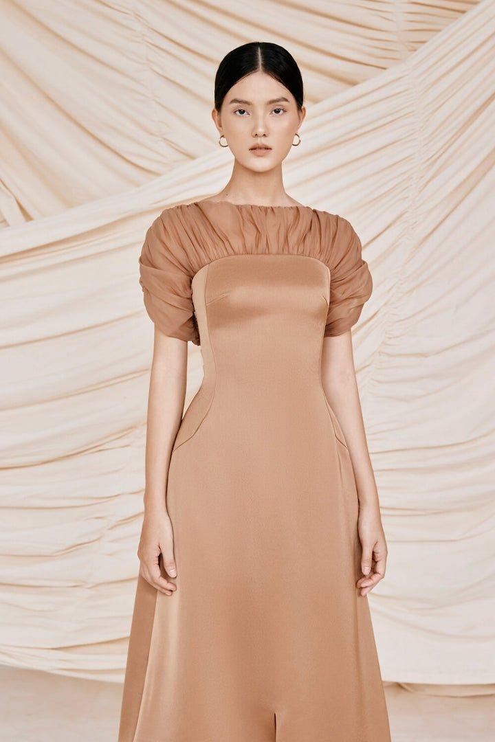 Brown puffy sleeves midi dress-CATO XL / Brown Brown puffy sleeves midi dress-CATO XL / Brown