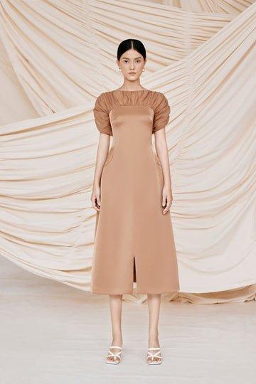 Brown puffy sleeves midi dress-CATO XL / Brown Brown puffy sleeves midi dress-CATO XL / Brown