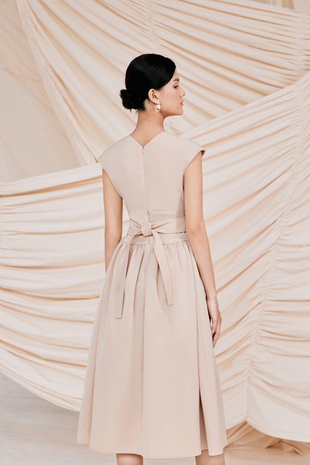 Beige drop waist midi dress-ALIX XS / Beige Beige drop waist midi dress-ALIX XS / Beige