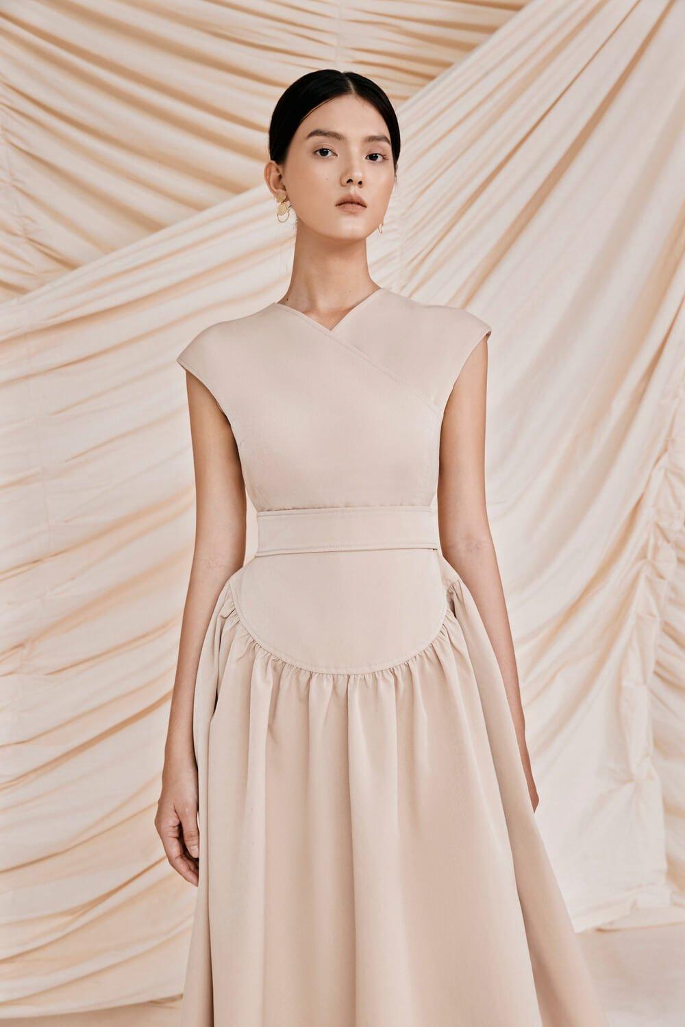 Beige drop waist midi dress-ALIX XS / Beige Beige drop waist midi dress-ALIX XS / Beige