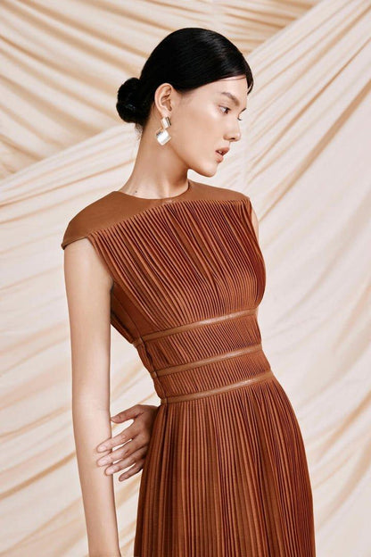 Brown retro pleated dress-ZOE