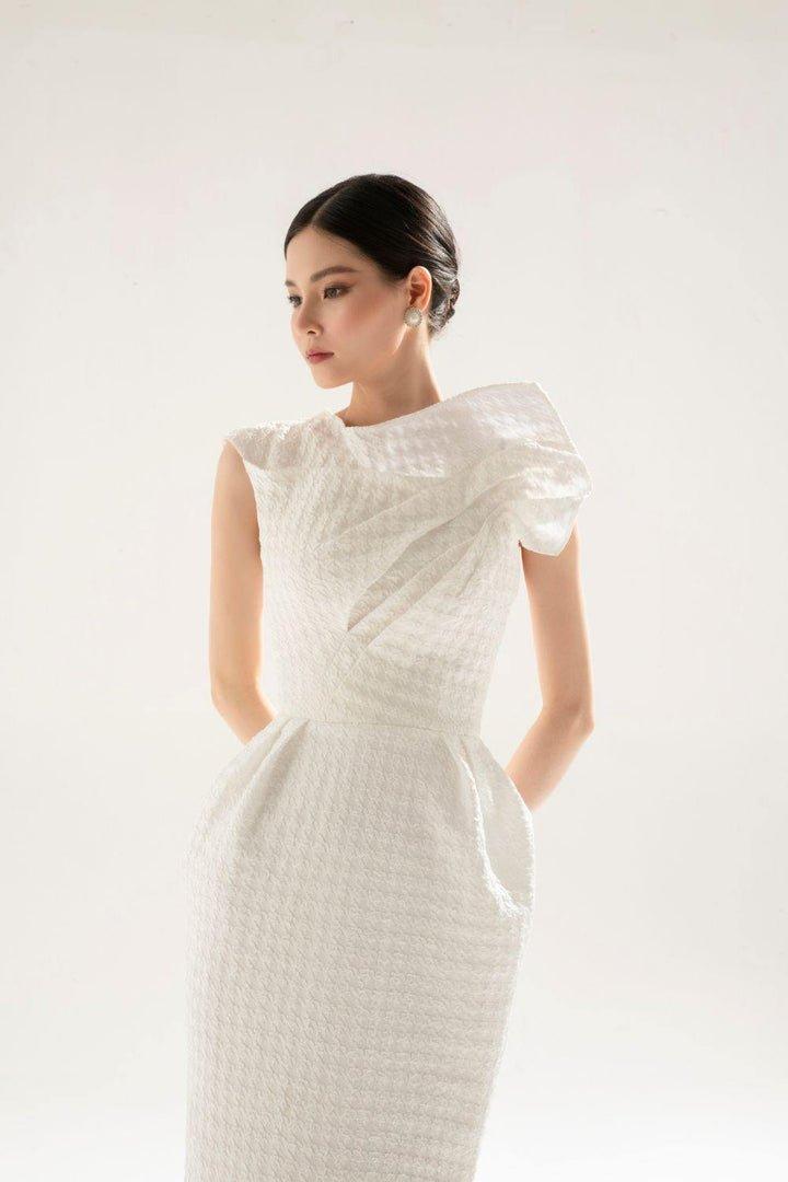 white brocade dress White brocade midi asymetric dress-FAE S / Black