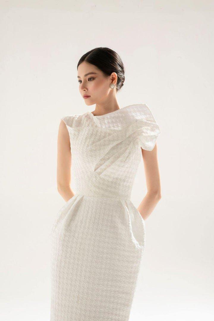 White brocade midi asymetric dress-FAE