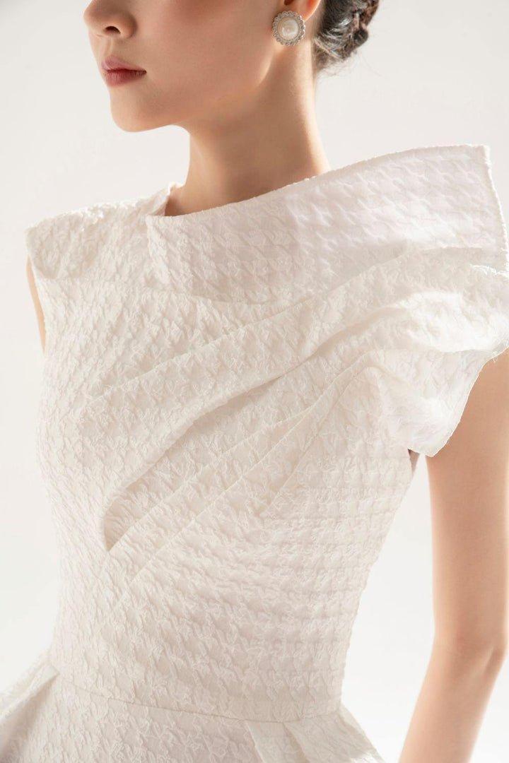White brocade midi asymetric dress-FAE