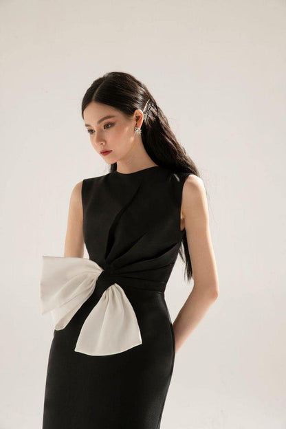 Black taffeta 3d texture bow dress-ELLE-DOVE