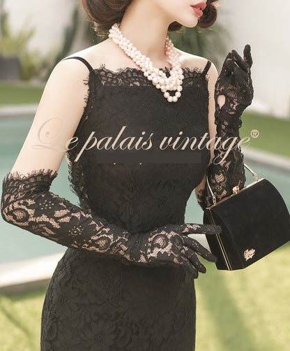 le palais vintage original retro elegant slim thin black lace backless fishtail dress