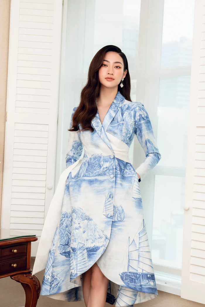 Elegant shawl lapel, long sleeves, flared skirt dress -Siana