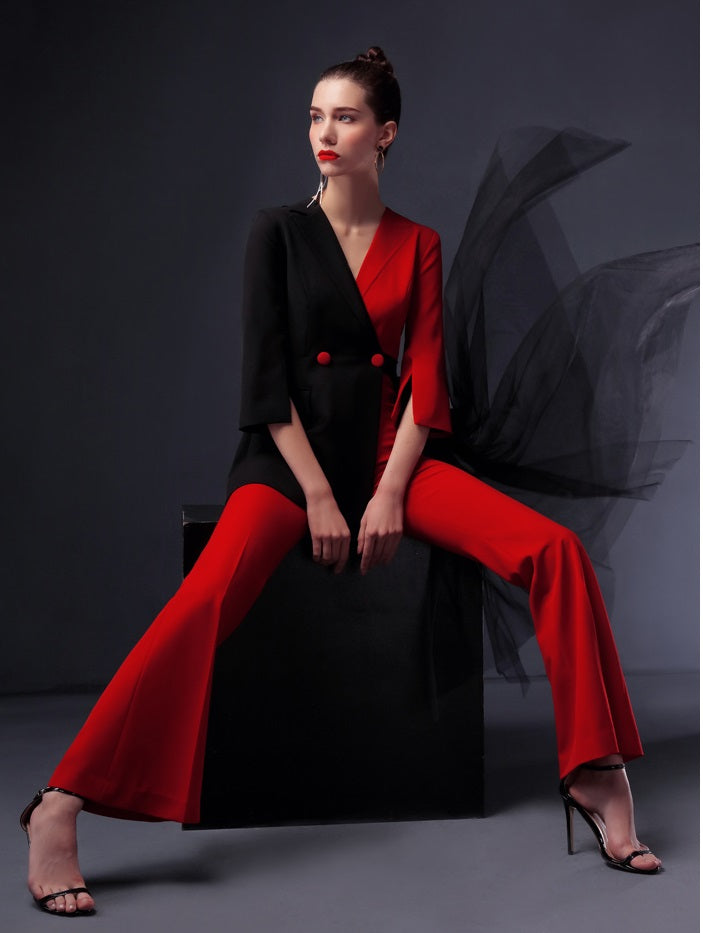 Red suit women's 2023 Spring  fake two-piece high-waisted flared jumpsuit- Cuca