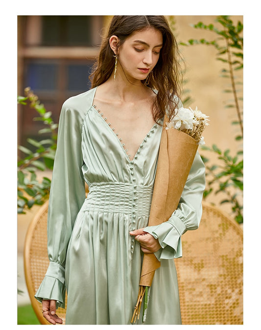 Light green satin silky French vintage elegant midi long dress - Cara
