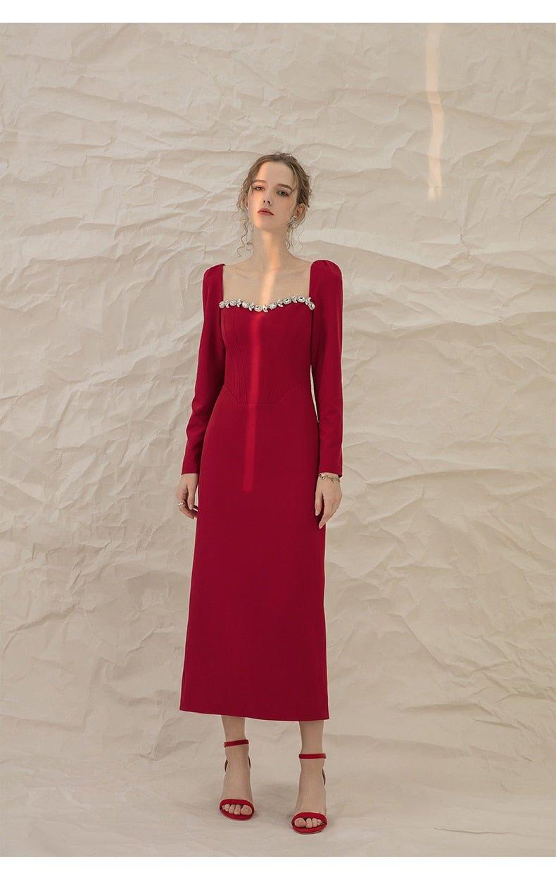Luxury Red Elegant Square Collar long Sleeve midi pencil dress - Juika S Luxury Red Elegant Square Collar long Sleeve midi pencil dress - Juika S