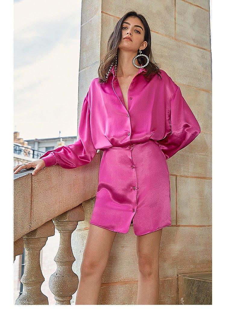 satin shirt dress pink Button Down Long Sleeve Shirt Dress (Solid) CARLOSLINES