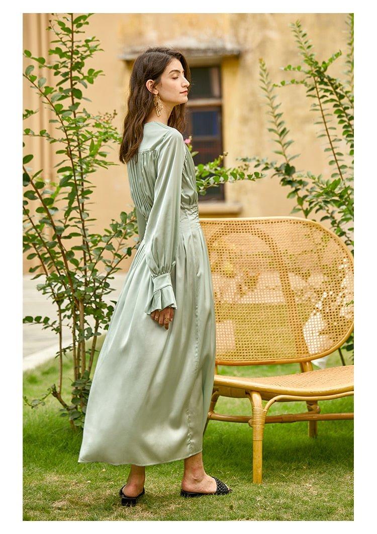 Light Green Satin Silky French Vintage Elegant Midi Long Dress - Cara S / Green Light Green Satin Silky French Vintage Elegant Midi Long Dress - Cara S / Green