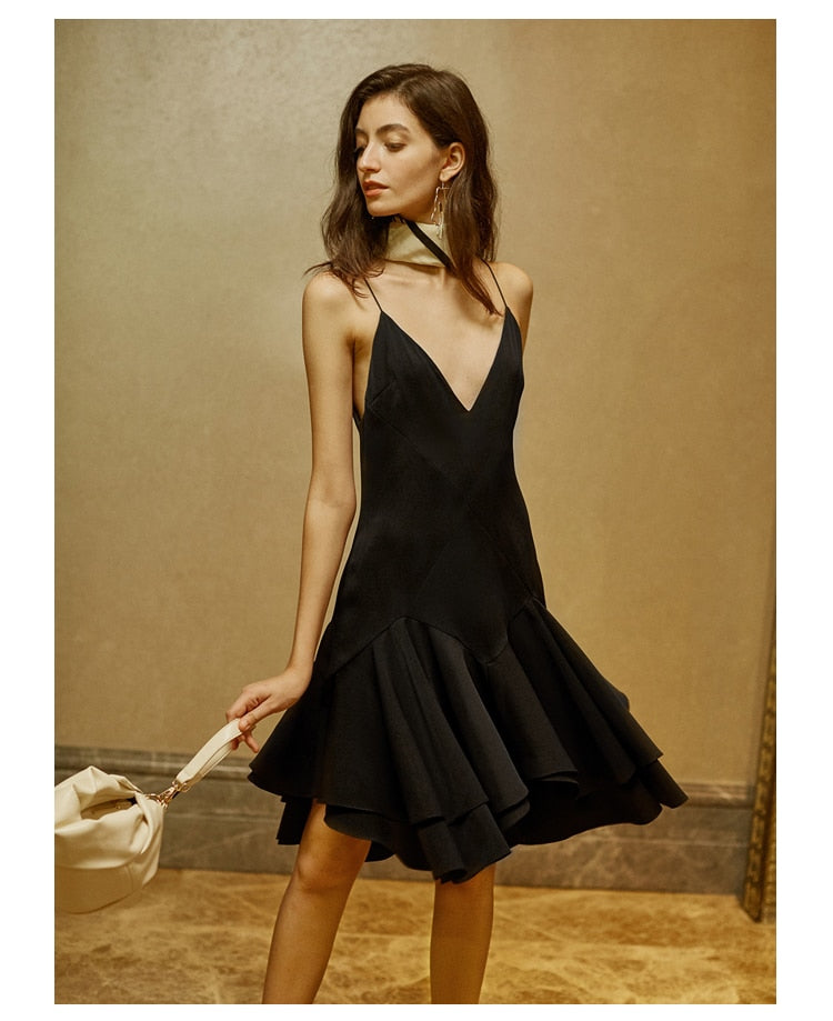 Sexy Deep V Neck backless 20's Retro Party Vintage lbd Black cocktail Dress