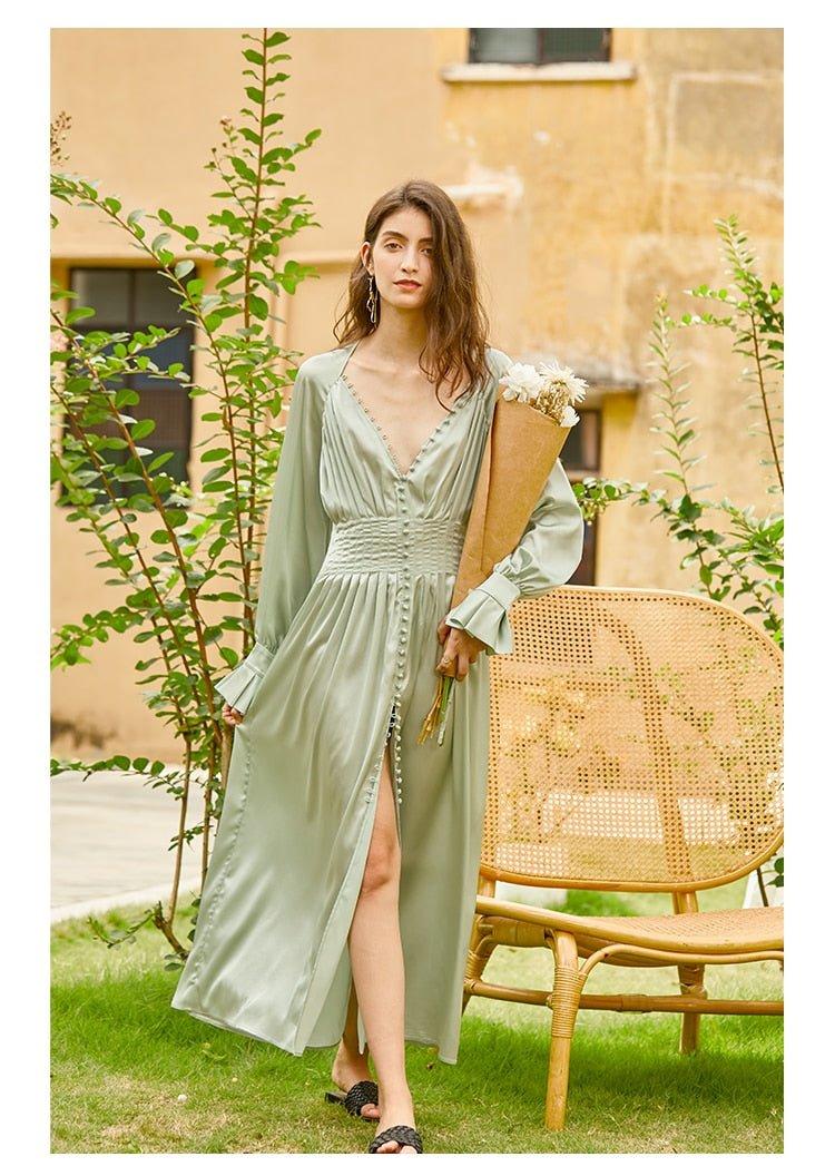 Light Green satin silky French vintage elegant midi long dress - Cara S / Green Light Green satin silky French vintage elegant midi long dress - Cara S / Green