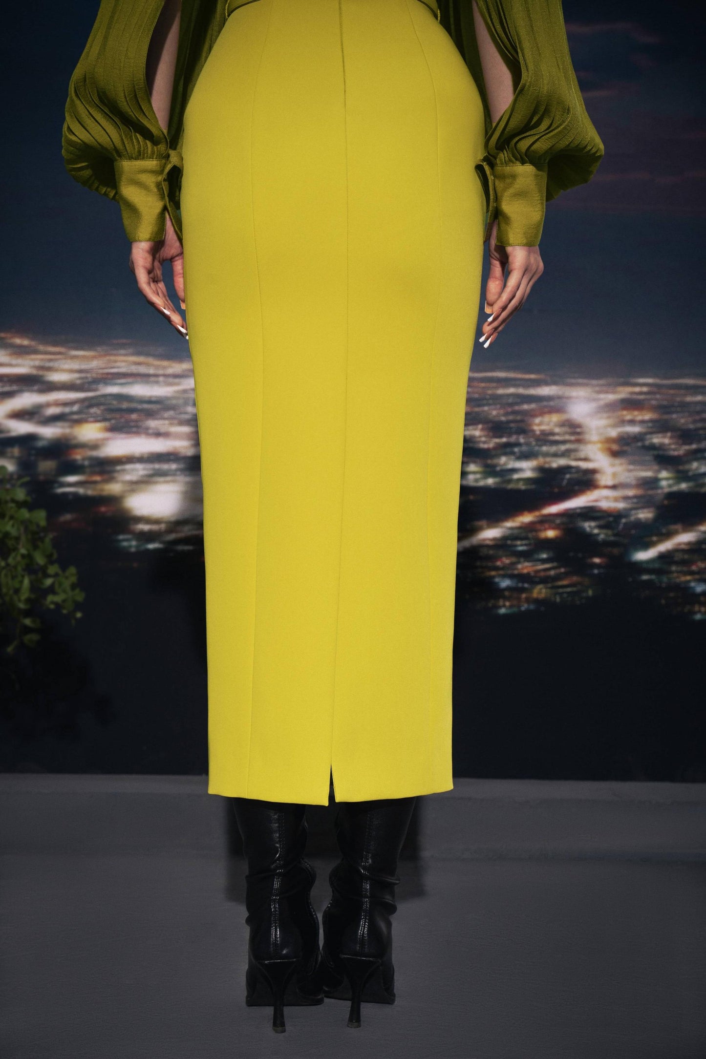 Mustard Long sleeve pleated Lewitsham Dress- Edna