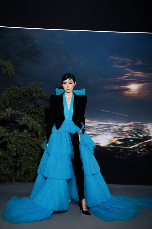 Blue Muswell multi-layered ruffle Dress- Princess Diana