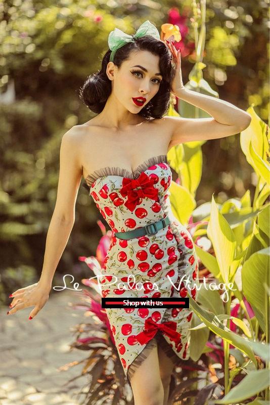 Vintage retro pinup strapless sweetheart neckline bow cherry print tight dress- Ilha